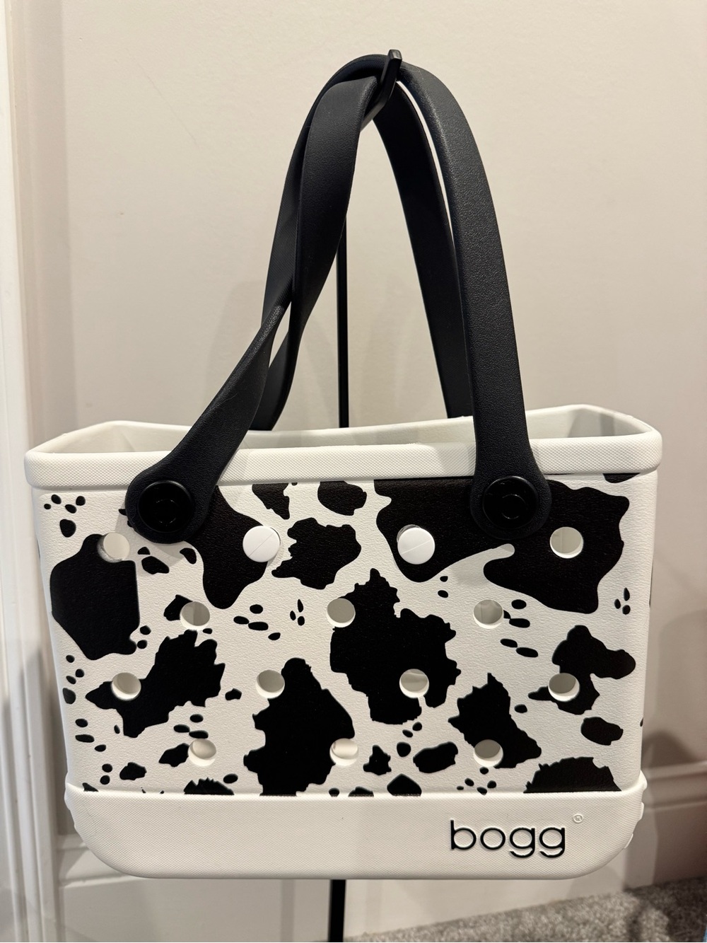 Bogg Bag Classic Tote in Black & White Cow Print bitty size 11 x 8.5 x 4.5